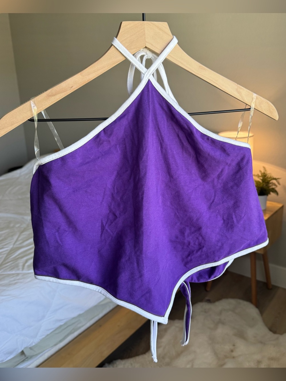 Purple Halter Crop Top with White Trim and Tie Back